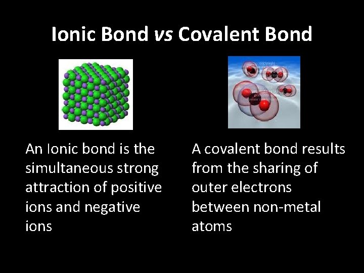 Ionic Bond vs Covalent Bond An Ionic bond is the simultaneous strong attraction of