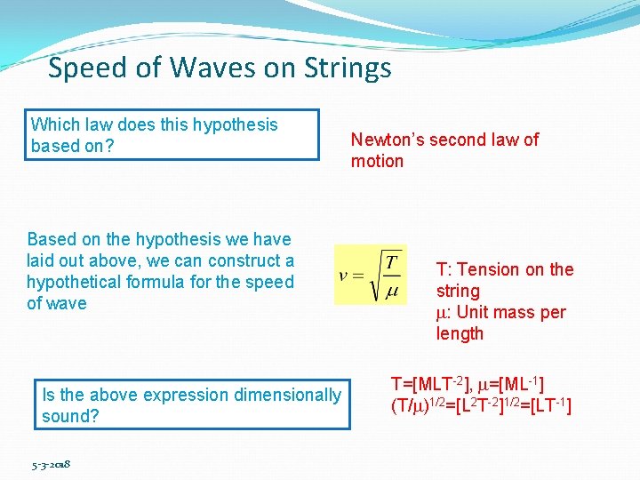 Speed of Waves on Strings Which law does this hypothesis based on? Based on