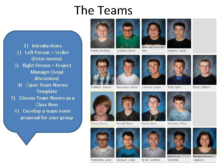 The Teams 1) Introductions 2) Left Person = Scribe (Enter norms) 3) Right Person