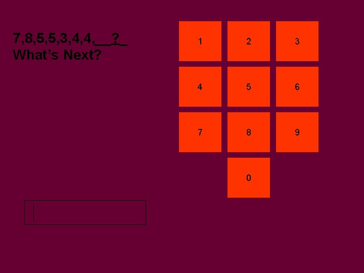 7, 8, 5, 5, 3, 4, 4, __? _ What’s Next? 1 2 3