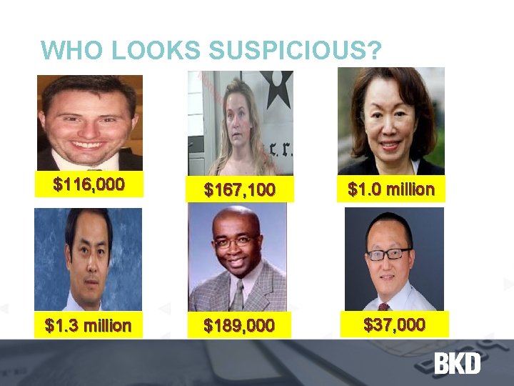 WHO LOOKS SUSPICIOUS? $116, 000 $167, 100 $1. 0 million $1. 3 million $189,