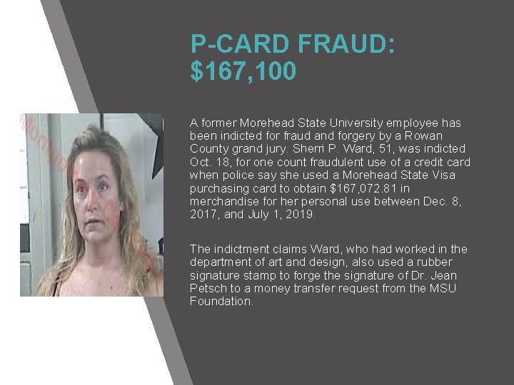 P-CARD FRAUD: $167, 100 A former Morehead State University employee has been indicted for