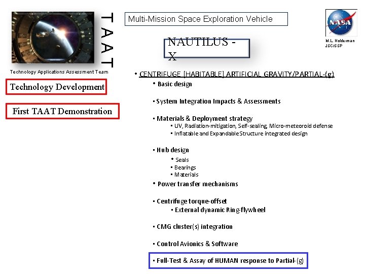 TAAT Technology Applications Assessment Team Technology Development Multi-Mission Space Exploration Vehicle NAUTILUS X M.