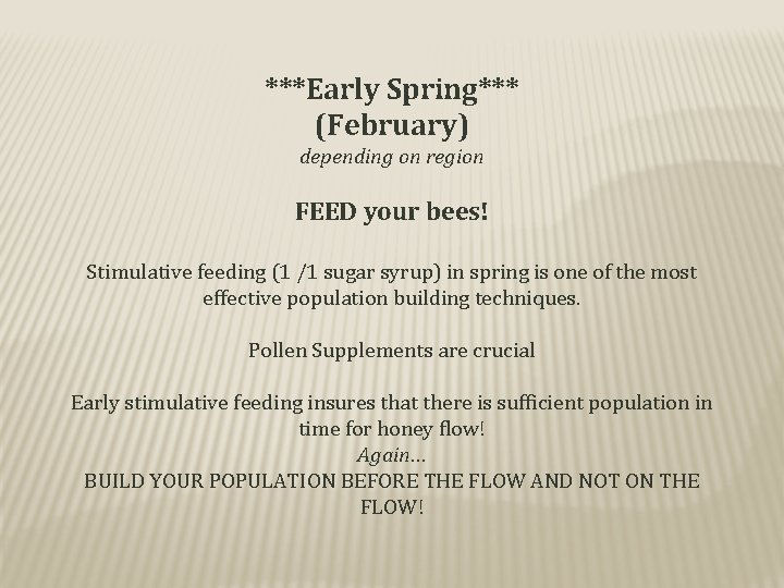 ***Early Spring*** (February) depending on region FEED your bees! Stimulative feeding (1 /1 sugar