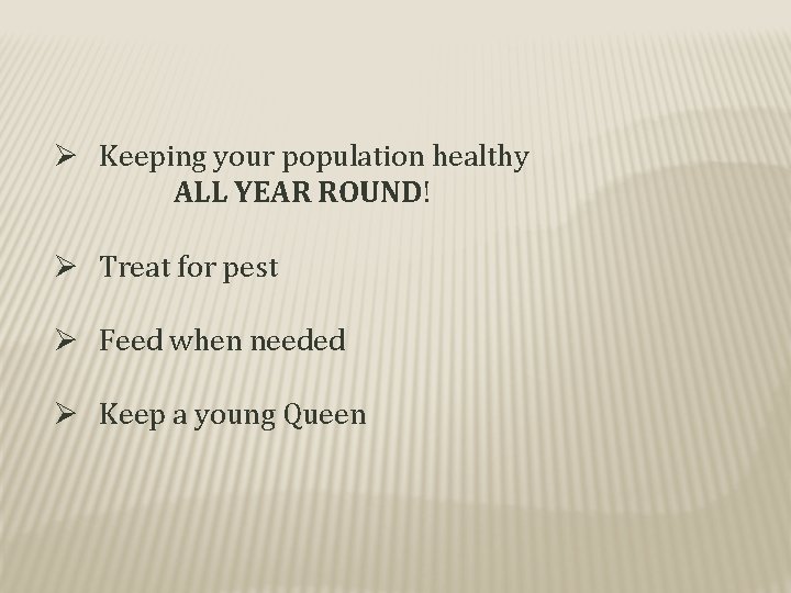 Ø Keeping your population healthy ALL YEAR ROUND! Ø Treat for pest Ø Feed
