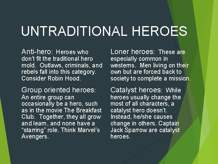 UNTRADITIONAL HEROES Anti-hero: Heroes who Loner heroes: These are Group oriented heroes: Catalyst heroes: UNTRADITIONAL HEROES Anti-hero: Heroes who Loner heroes: These are Group oriented heroes: Catalyst heroes:
