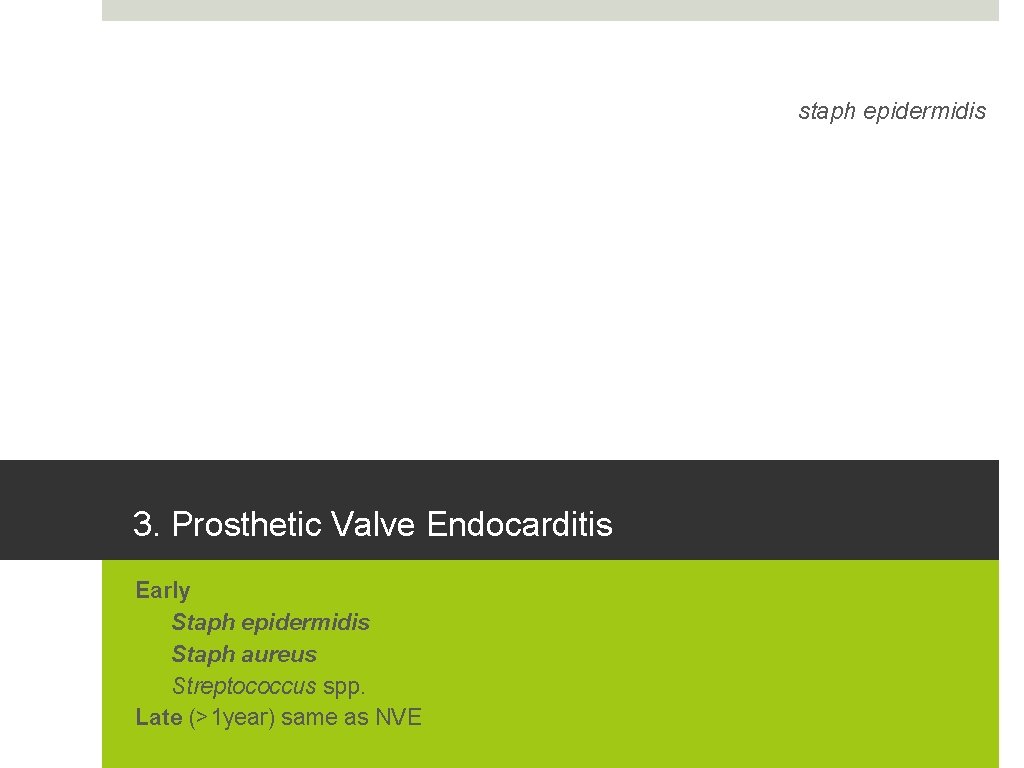 staph epidermidis 3. Prosthetic Valve Endocarditis Early 1. Staph epidermidis 2. Staph aureus 3.