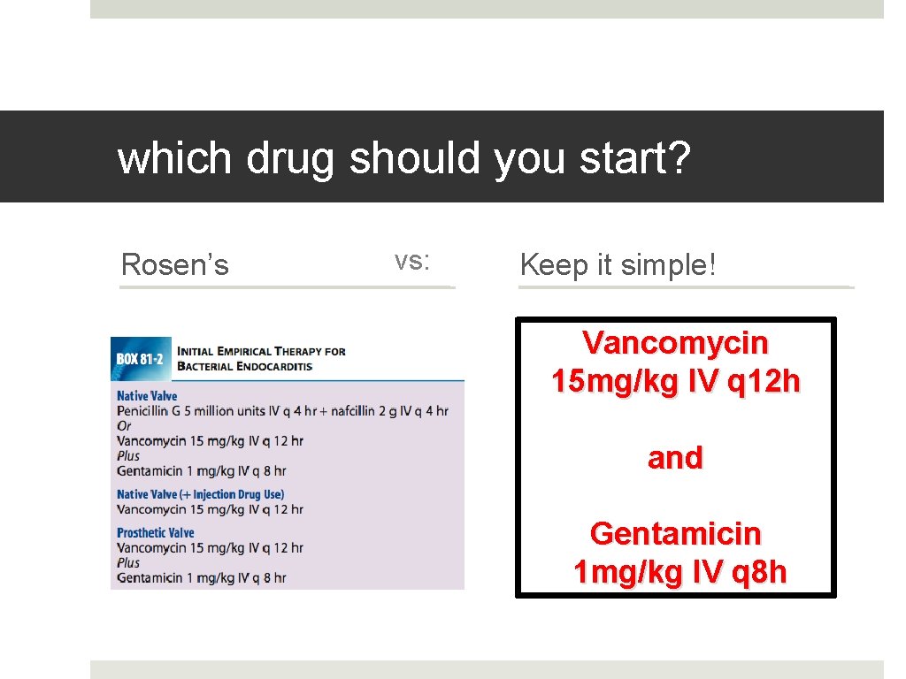which drug should you start? Rosen’s vs: Keep it simple! Vancomycin 15 mg/kg IV