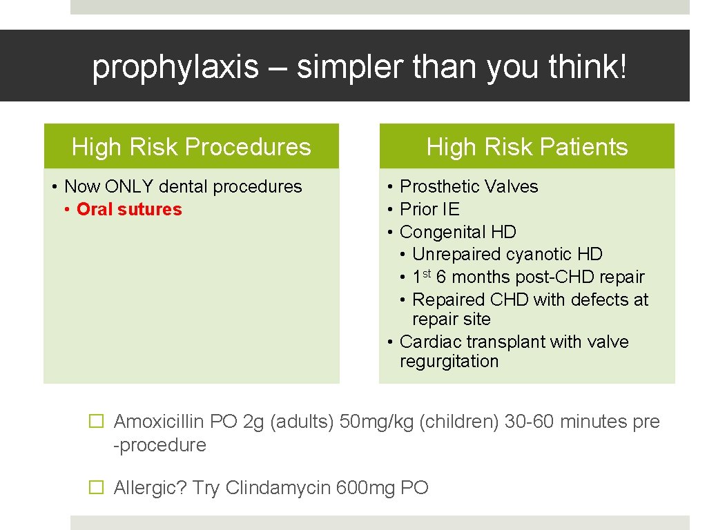 prophylaxis – simpler than you think! High Risk Procedures • Now ONLY dental procedures