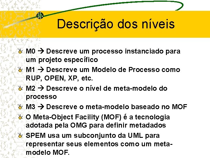 Descrição dos níveis M 0 Descreve um processo instanciado para um projeto específico M