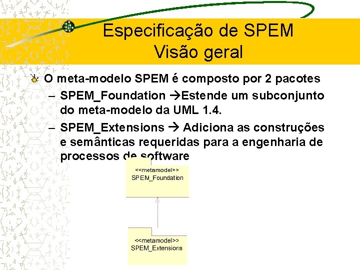 Especificação de SPEM Visão geral O meta-modelo SPEM é composto por 2 pacotes –