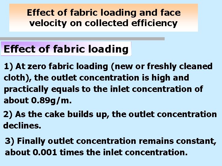 Effect of fabric loading and face velocity on collected efficiency Effect of fabric loading