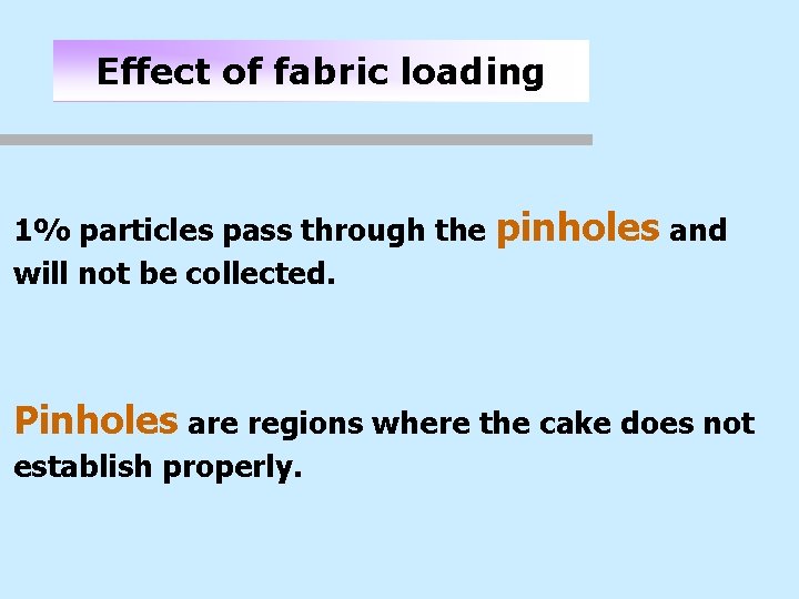 Effect of fabric loading 1% particles pass through the will not be collected. pinholes