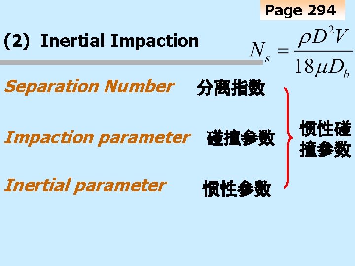 Page 294 (2) Inertial Impaction Separation Number 分离指数 Impaction parameter 碰撞参数 Inertial parameter 惯性参数