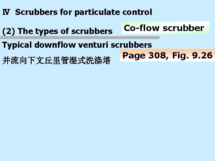 Ⅳ Scrubbers for particulate control (2) The types of scrubbers Co-flow scrubber Typical downflow