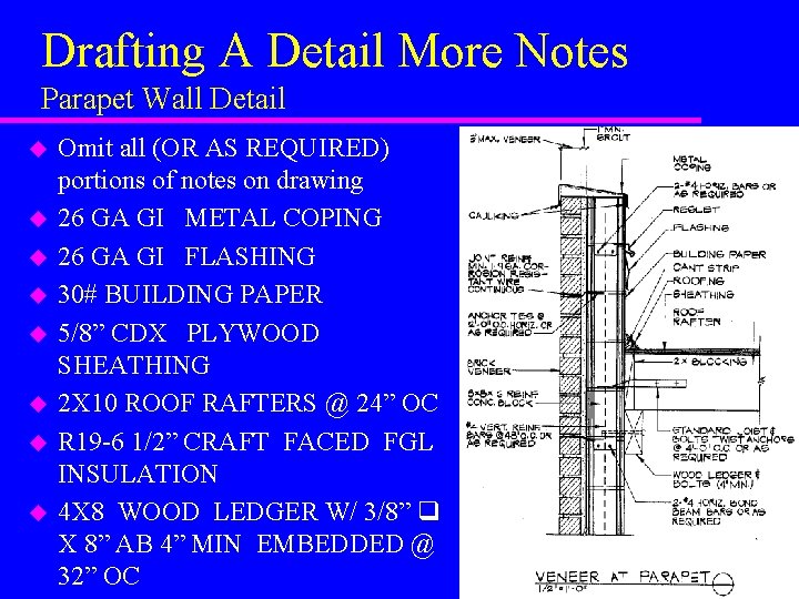 Drafting A Detail More Notes Parapet Wall Detail u u u u Omit all