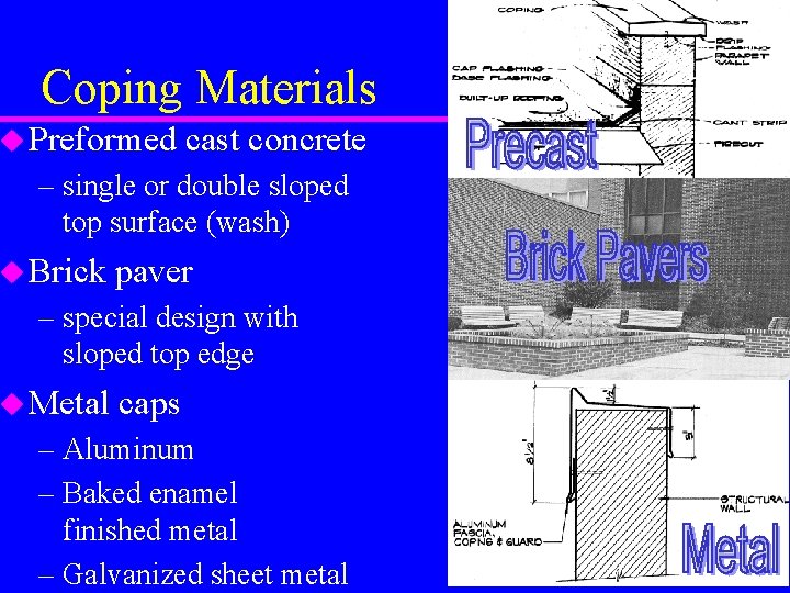 Coping Materials u Preformed cast concrete – single or double sloped top surface (wash)