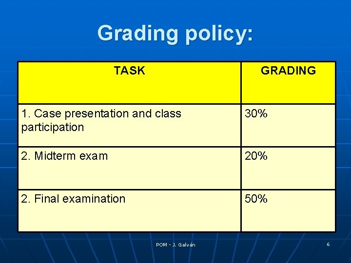 Grading policy: TASK GRADING 1. Case presentation and class participation 30% 2. Midterm exam