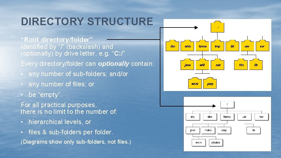 DIRECTORY STRUCTURE “Root directory/folder” identified by “/” (backslash) and (optionally) by drive letter, e.