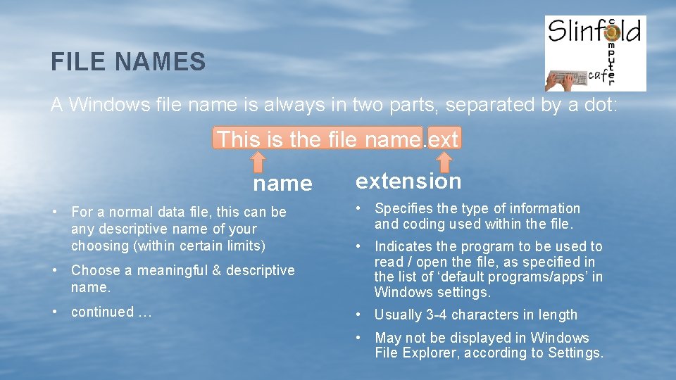 FILE NAMES A Windows file name is always in two parts, separated by a