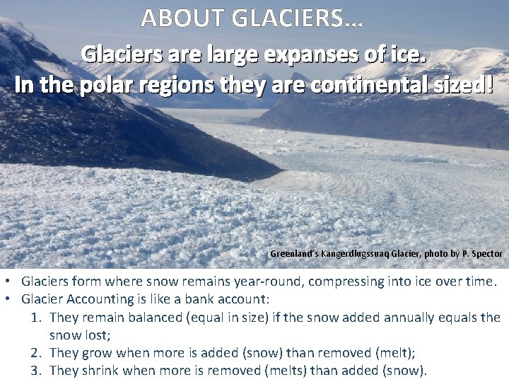 ABOUT GLACIERS… Glaciers are large expanses of ice. In the polar regions they are