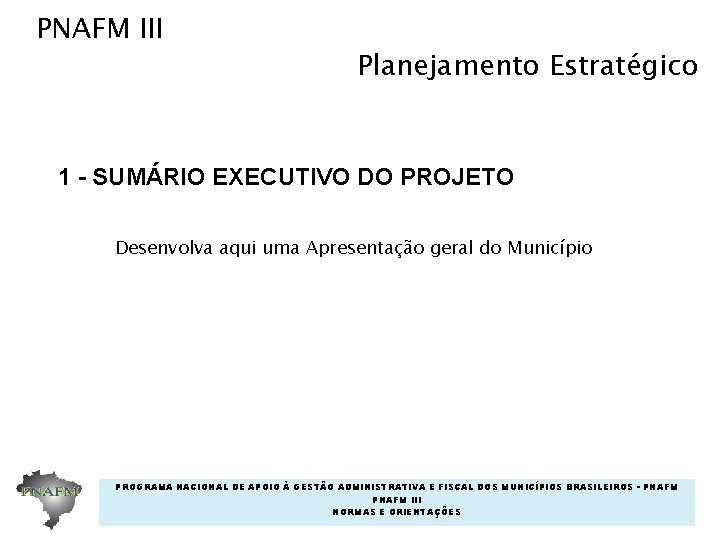 PNAFM III Planejamento Estratégico 1 - SUMÁRIO EXECUTIVO DO PROJETO Desenvolva aqui uma Apresentação PNAFM III Planejamento Estratégico 1 - SUMÁRIO EXECUTIVO DO PROJETO Desenvolva aqui uma Apresentação