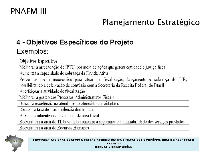 PNAFM III Planejamento Estratégico 4 - Objetivos Específicos do Projeto Exemplos: PROGRAMA NACIONAL DE PNAFM III Planejamento Estratégico 4 - Objetivos Específicos do Projeto Exemplos: PROGRAMA NACIONAL DE