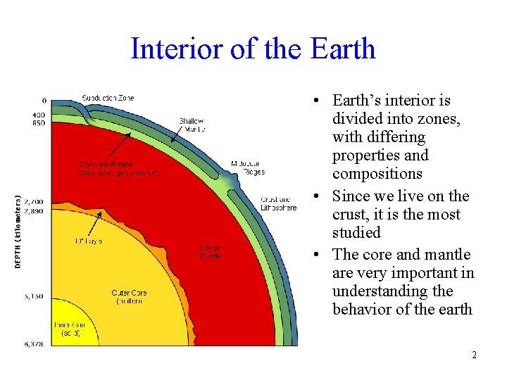 Interior of the Earth • Earth’s interior is divided into zones, with differing properties
