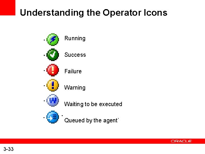 Understanding the Operator Icons Running Success Failure Warning Waiting to be executed Queued by