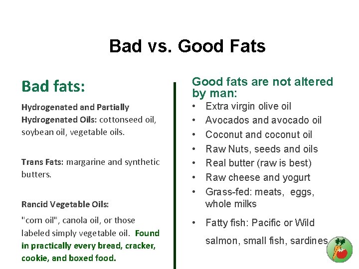 Bad vs. Good Fats Bad fats: Good fats are not altered by man: Hydrogenated