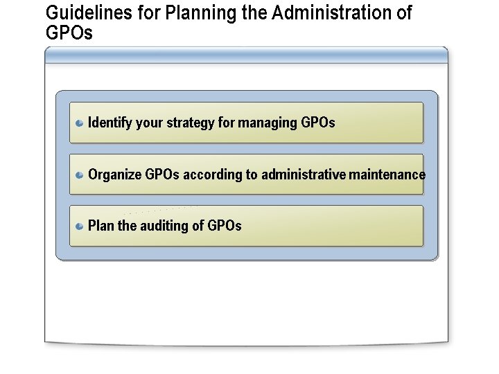 Guidelines for Planning the Administration of GPOs Identify your strategy for managing GPOs Organize