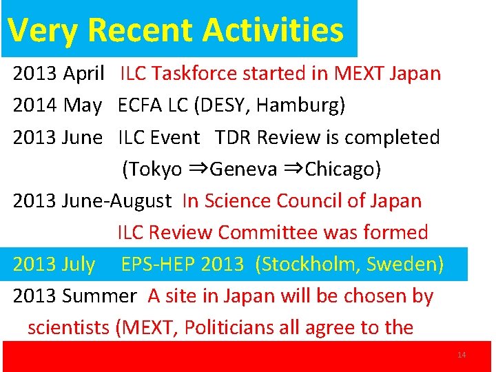 Very Recent Activities 2013 April ILC Taskforce started in MEXT Japan 2014 May ECFA