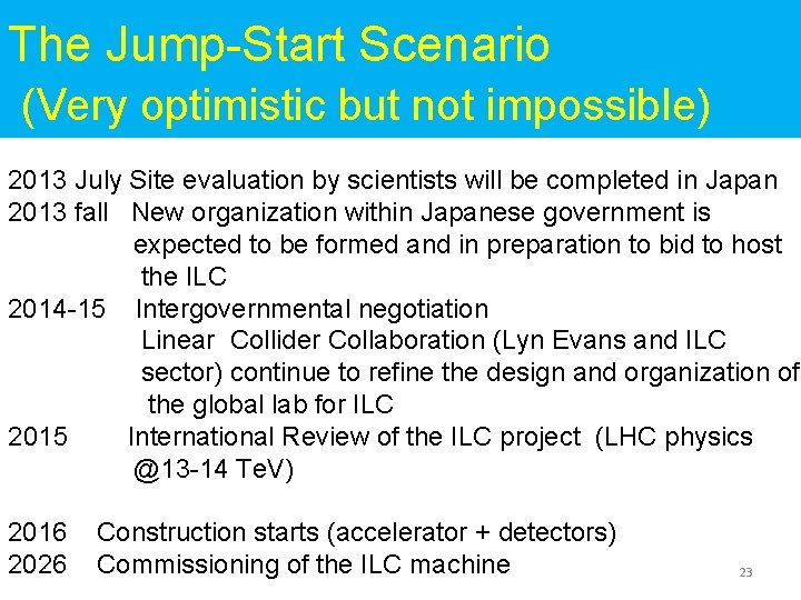 The Jump-Start Scenario (Very optimistic but not impossible) 2013 July Site evaluation by scientists