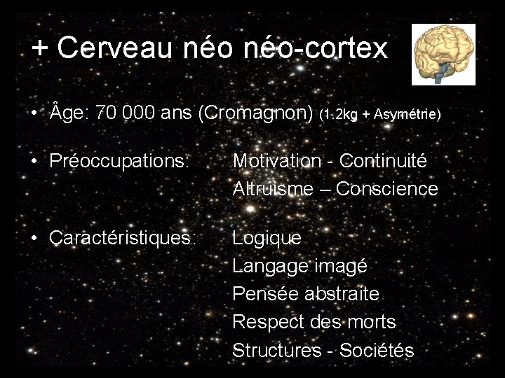 + Cerveau néo-cortex • ge: 70 000 ans (Cromagnon) (1. 2 kg + Asymétrie)