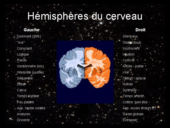 Hémisphères du cerveau Gauche Droit Dominant (90%) Silencieux “moi” Global (tout) Conscient Inconscient Logique