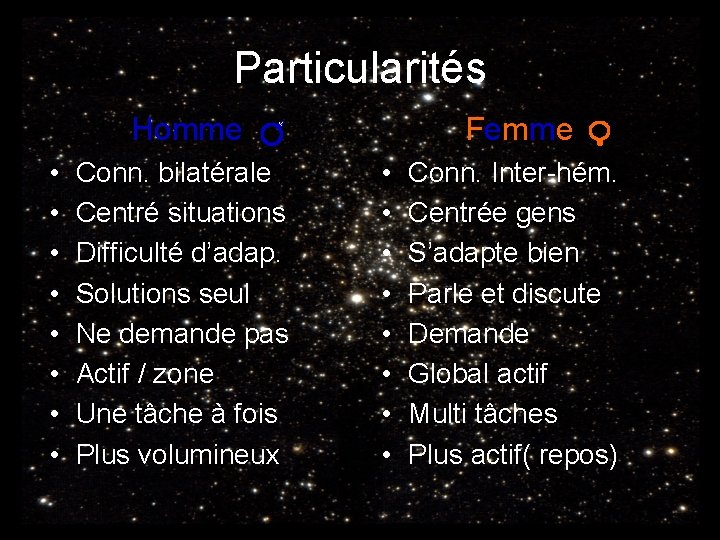 Particularités Homme • • Conn. bilatérale Centré situations Difficulté d’adap. Solutions seul Ne demande