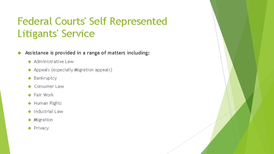 Federal Courts' Self Represented Litigants' Service Assistance is provided in a range of matters