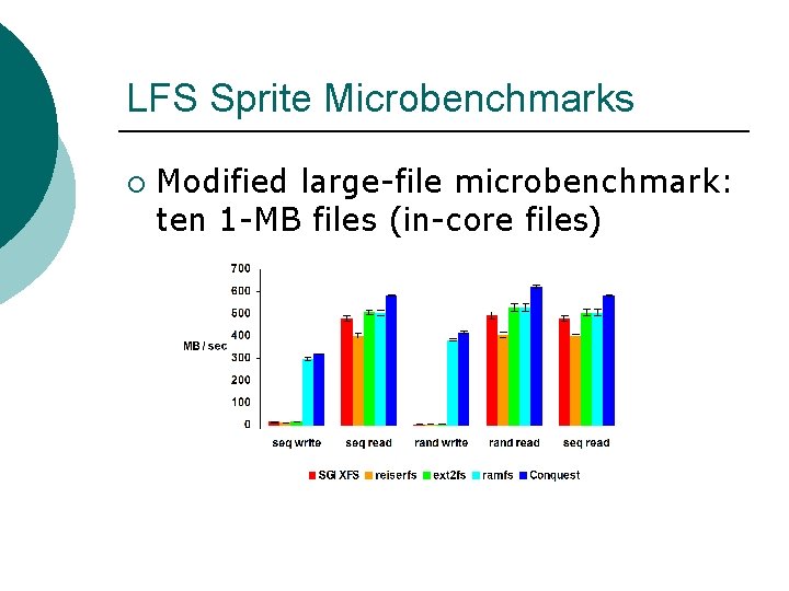 LFS Sprite Microbenchmarks ¡ Modified large-file microbenchmark: ten 1 -MB files (in-core files) LFS Sprite Microbenchmarks ¡ Modified large-file microbenchmark: ten 1 -MB files (in-core files)