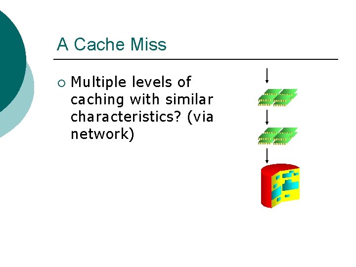 A Cache Miss ¡ Multiple levels of caching with similar characteristics? (via network) A Cache Miss ¡ Multiple levels of caching with similar characteristics? (via network)