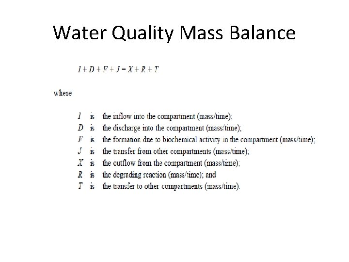 Water Quality Mass Balance 