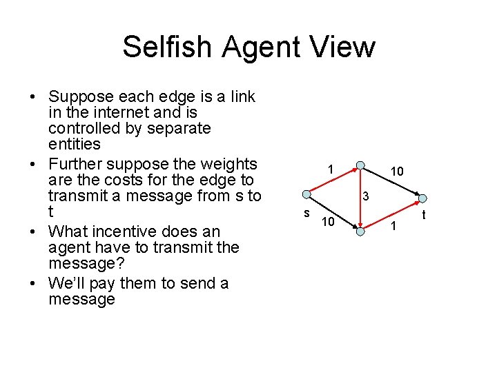 Selfish Agent View • Suppose each edge is a link in the internet and