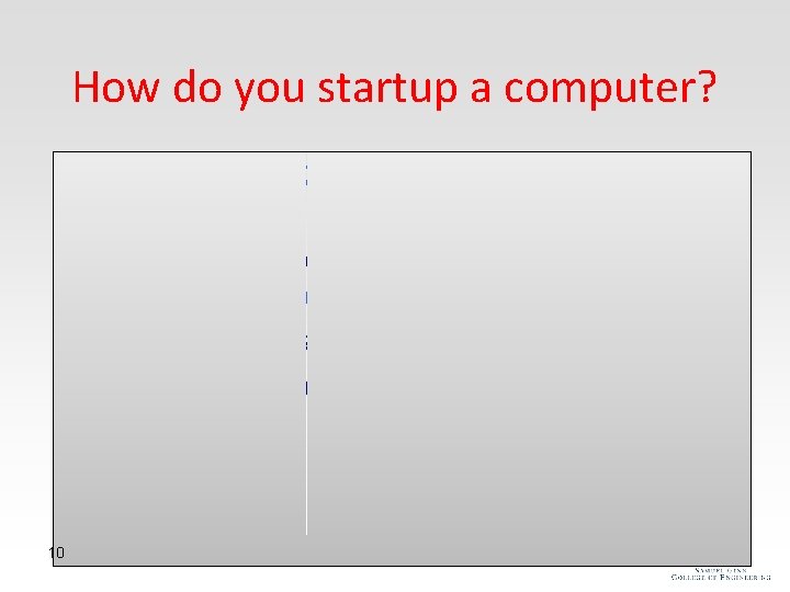 How do you startup a computer? • bootstrap program is loaded at power-up or