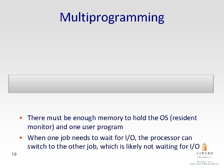 Multiprogramming • There must be enough memory to hold the OS (resident monitor) and