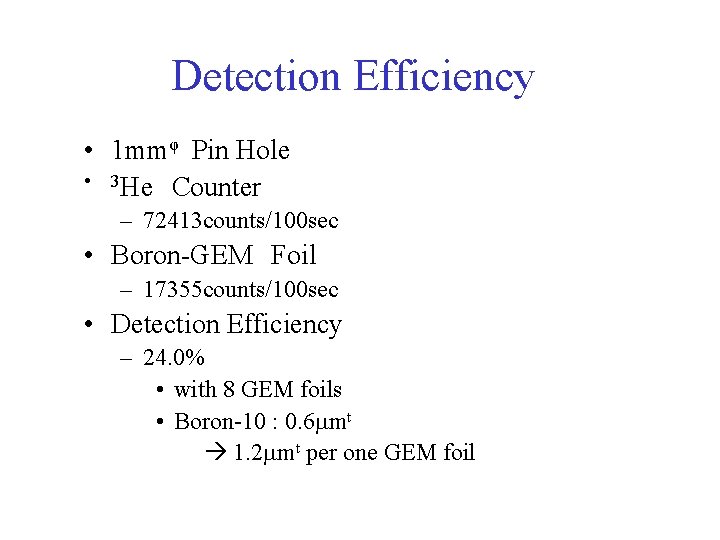 Detection Efficiency • 1 mmφ　Pin Hole • 3 He　Counter – 72413 counts/100 sec •