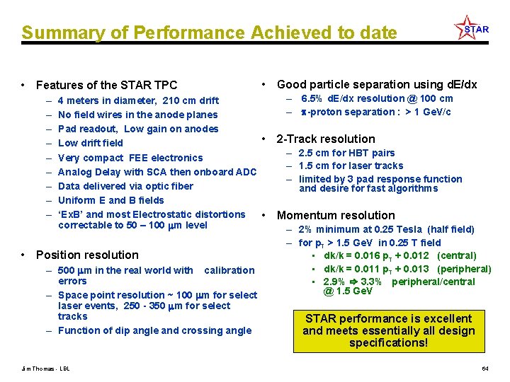 Summary of Performance Achieved to date • Features of the STAR TPC – –