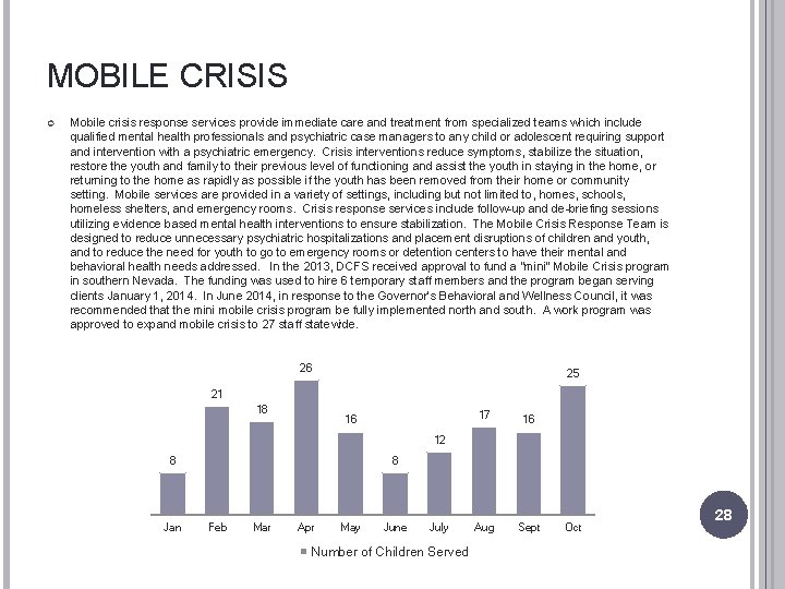 MOBILE CRISIS Mobile crisis response services provide immediate care and treatment from specialized teams