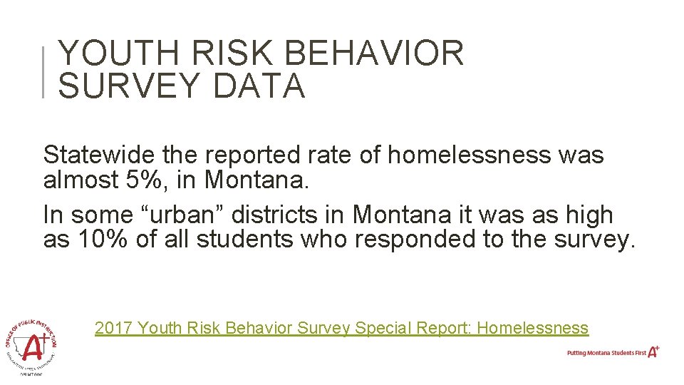 YOUTH RISK BEHAVIOR SURVEY DATA Statewide the reported rate of homelessness was almost 5%,