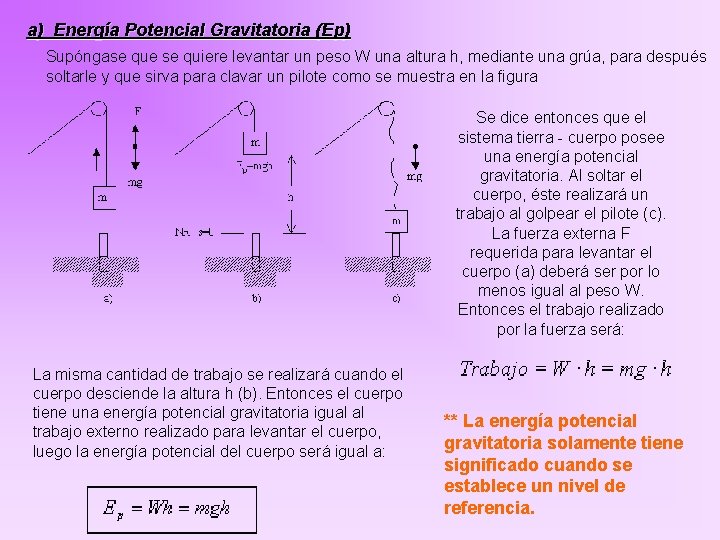 a) Energía Potencial Gravitatoria (Ep) Supóngase que se quiere levantar un peso W una