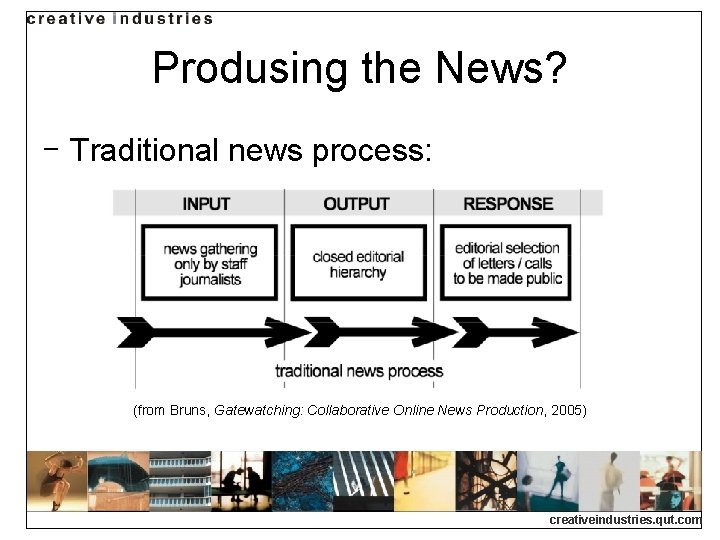 Produsing the News? ‒ Traditional news process: (from Bruns, Gatewatching: Collaborative Online News Production, Produsing the News? ‒ Traditional news process: (from Bruns, Gatewatching: Collaborative Online News Production,