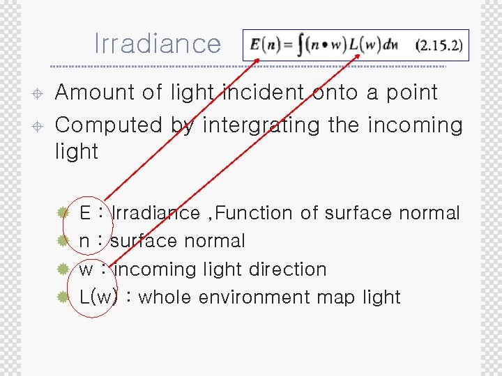 Irradiance ± ± . Amount of light incident onto a point Computed by intergrating
